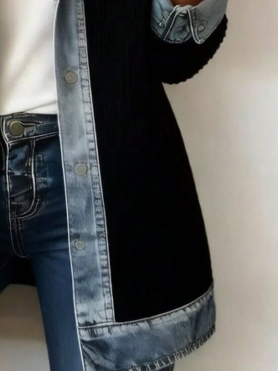 Black Elegant Women's Patchwork Coat, Slim Fit Long Sleeve - Picture 2 of 2